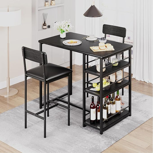 TrailBlaze 3-Piece Dining Table Set for 2, Counter Height Bar Kitchen Table with 3 Storage Shelves, Upholstered Chairs - Space-Saving Furniture for Apartment, Bistro - Rustic Black - 1+2 Set