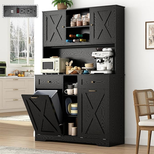 71" Tall 47"Wide Kitchen Pantry Storage Cabinet with Power Outlets,Farmhouse Kitchen Double Tilt Out Trash Cabinet 10X2 Gallon Garbage Holder with Two Drawers,Freestand Laundry Sort Cabinets(Black)