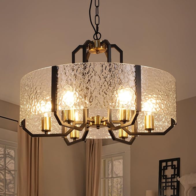 COCOSTAR Modern Glass Drum Chandeliers for Dining Room,6 Lights Farmhouse Crystal Chandelier,24" Vintage Foyer Lighting Fixtures,Black and Gold Pendant Lights for Kitchen Island,Bedroom,Living Room