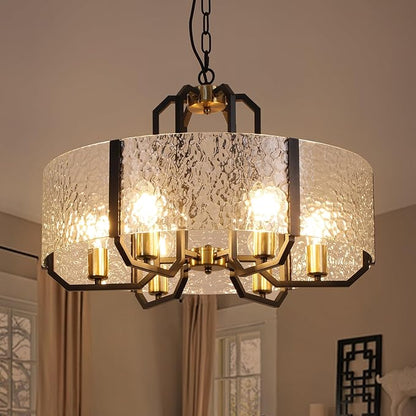 COCOSTAR Modern Glass Drum Chandeliers for Dining Room,6 Lights Farmhouse Crystal Chandelier,24" Vintage Foyer Lighting Fixtures,Black and Gold Pendant Lights for Kitchen Island,Bedroom,Living Room