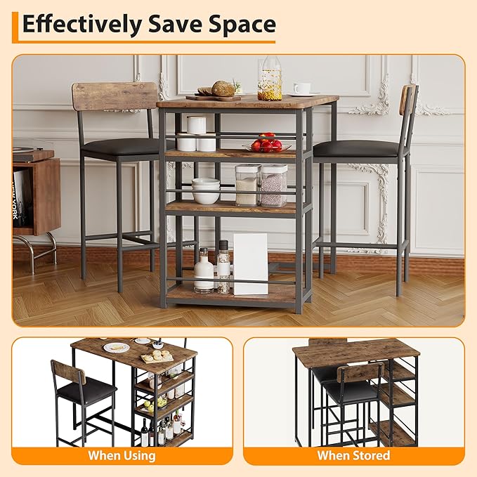 Bar Table Set for 2 with 3 Storage Shelves, Space-Saving Kitchen Table & Chairs with PU Cushions, Thick MDF Wood Top and Steel Frame for Apartment and Bistros - Brown