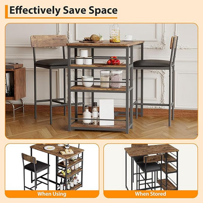 Bar Table Set for 2 with 3 Storage Shelves, Space-Saving Kitchen Table & Chairs with PU Cushions, Thick MDF Wood Top and Steel Frame for Apartment and Bistros - Brown