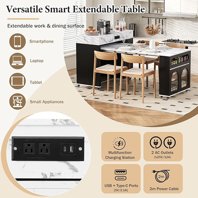 74" Extendable Dining Table with Extra-Long Folding Tabletop, Rolling Kitchen Island with Drawers, Power Outlet and Brake Lock, Zoned Layered Storage Cabinet for Kitchen and Dining Room