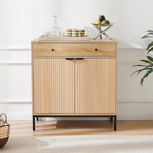 Mericonia Farmhouse Buffet Sideboard Cabinet with Storage, Fluted Coffee Bar with Doors and Adjustable Shelves, Modern Wood Cabinet for Kitchen, Livingroom (Fluted 2 Door, Natural) | with Drawer, Farmhouse, Kitchen Storage, with Doors, Adjustable Shelv...