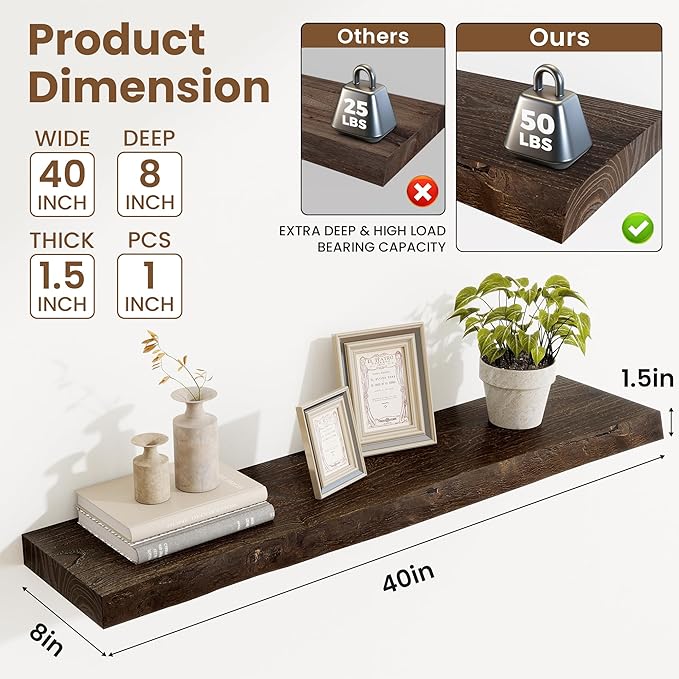 Acovy Extra Deep 40" Long Live Edge Rustic Floating Shelves for Wall, Solid Wood Wall Shelves with Invisible Bracket Mount for Living Room Bathroom Bedroom Kitchen, Set of 1, Natural