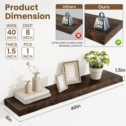 Acovy Extra Deep 40" Long Live Edge Rustic Floating Shelves for Wall, Solid Wood Wall Shelves with Invisible Bracket Mount for Living Room Bathroom Bedroom Kitchen, Set of 1, Natural