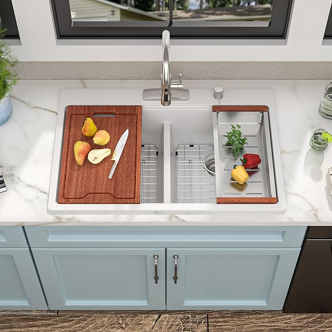 33 Granite Composite Kitchen Sink Double Bowl - Fulorni 33"x22" Granite Kitchen Sink White Ledge Workstation Drop in Topmount Double Bowl 50/50 Quartz Classic Above Counter Basin
