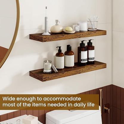 Dreamland 24Inch Floating Shelves for Wall, Rustic Wooden Floating Shelves for Bathroom|Bedroom|Kitchen, 2 Pack Deep Wall Mounted Book Shelf, Wood Storage Display Shelf for Home Decor, Brown