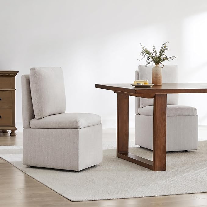 KISLOT Upholstered Dining Chairs with Casters, Modern Dining Room Chairs Set of 2 with Hidden Storage & 4 Wheels, Single Sofa Chair for Kitchen, Reading Room, Waiting Room, Linen