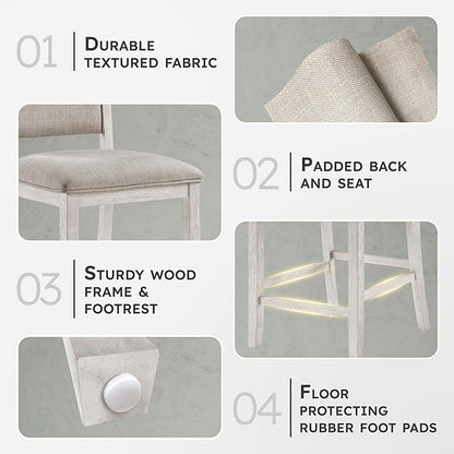 Lexicon Counter Height Chairs, Set of 2, Wooden Kitchen Chairs with Light Gray Textured Fabric Upholstered Seats and Back Rest, Counter Stools for Kitchen/Dining Room, 25.5" SH, Brushed Antique White