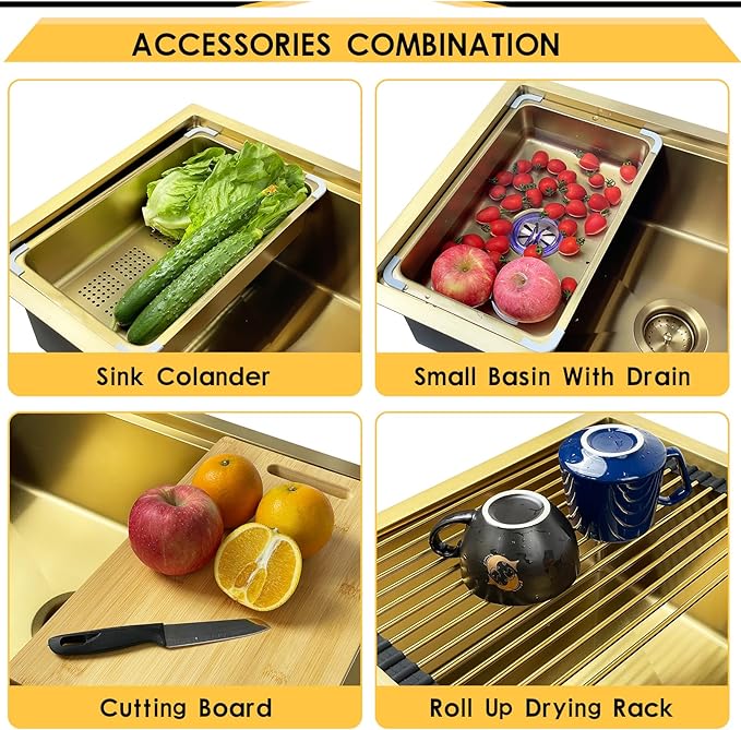 Gold Kitchen Sink Workstation, 30"x 18" Stainless Steel Single Bowl Kitchen Sink Workstation Undermount Or Top mount Workstation Sink With Matching Gold-tone Accessories For Luxurious Modern Kitchen
