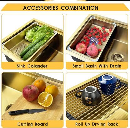 Gold Kitchen Sink Workstation, 30"x 18" Stainless Steel Single Bowl Kitchen Sink Workstation Undermount Or Top mount Workstation Sink With Matching Gold-tone Accessories For Luxurious Modern Kitchen