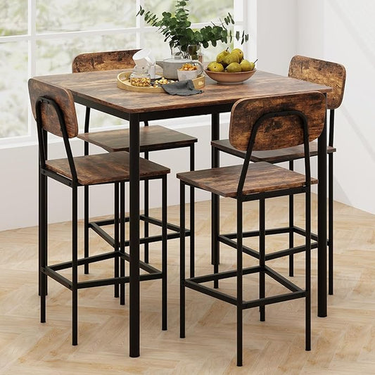 KOTEK 5-Piece Counter Height Dining Table Set, Industrial Kitchen Table and Chairs for 4, Space-Saving Dinette Set with Bar Stools for Dining Room, Pub, Restaurant (Rustic Brown)
