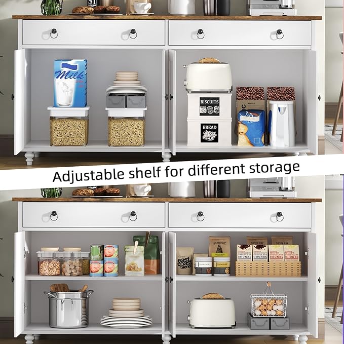 4 EVER WINNER 55" Large Buffet Cabinet with Storage, mid-Century Modern Coffee Bar Cabinet with 2 Drawers, 4 Doors & Adjustable Shelves, White Sideboard for Kitchen, Dining Room
