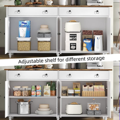 4 EVER WINNER 55" Large Buffet Cabinet with Storage, mid-Century Modern Coffee Bar Cabinet with 2 Drawers, 4 Doors & Adjustable Shelves, White Sideboard for Kitchen, Dining Room