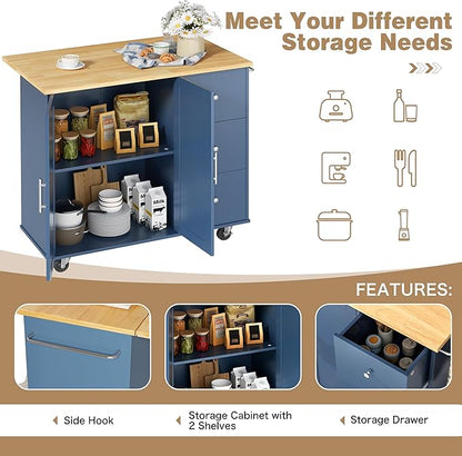 Shintenchi Kitchen Island with Folding Drop Leaf, Rolling Island Table with Storage, Kitchen Cabinet on Wheels with Seating Area for Kitchen, Bar Cart with Cabinet, Blue