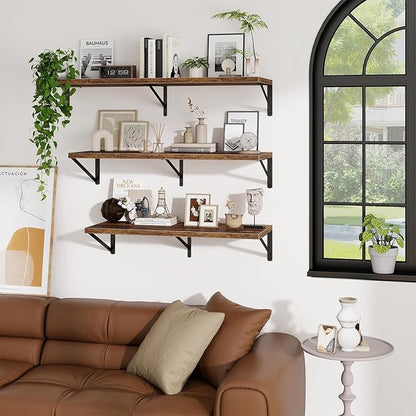 Deep Wall Shelves 12"W x 12"D Engineered Wood Floating Shelves for Wall, Sturdy Metal Bracket Bookshelves Home Decor Storage for Living Room Bedroom Bathroom Kitchen, Set of 2, Rustic Brown Finish