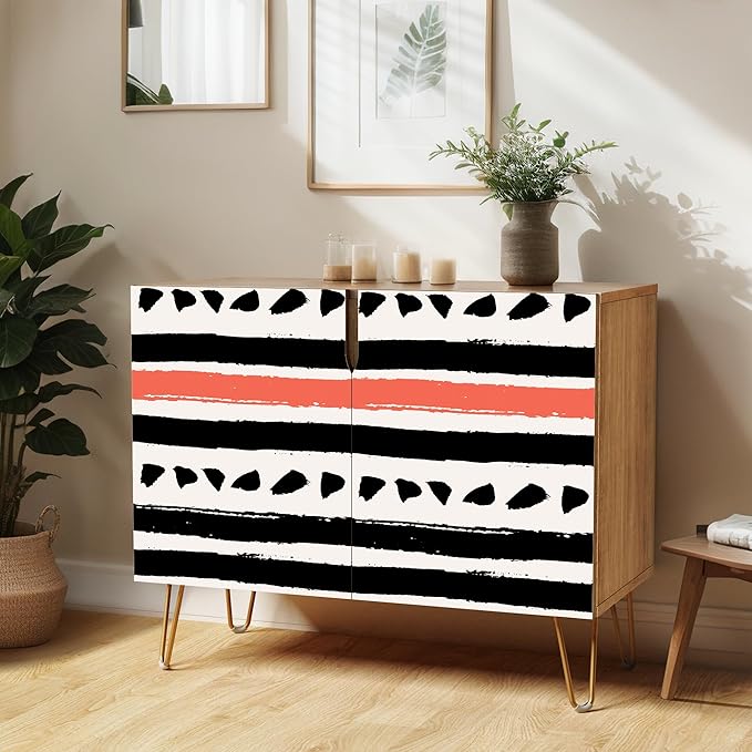 SIGNWIN Sideboard Buffet Cabinet, Kitchen Storage Cabinet with 2 Doors, Black & Red Geometric Line Patterns, Cupboard Console Table for Dining Room - 35" L x 18" W x 29" H