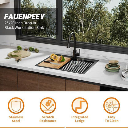 Black 25x20In Kitchen Sink Workstation-Stainless Steel Drop In Single Bowl Built-in Ledge Topmount Workstation Sink For Placing/Sliding Accessory-Cutting Board,Drying Rack,Convenient And Functional