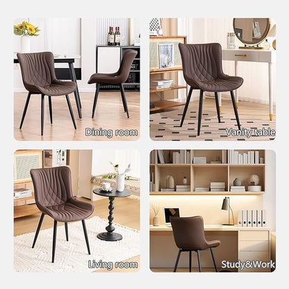 Kidol & Shellder Dining Chairs Set of 2, Mid Century Modern Kitchen Chairs with Black Metel Legs, PU Leather Upholstered Side Chair for Dining Room, Living Room, Lounge, Restaurant, Brown
