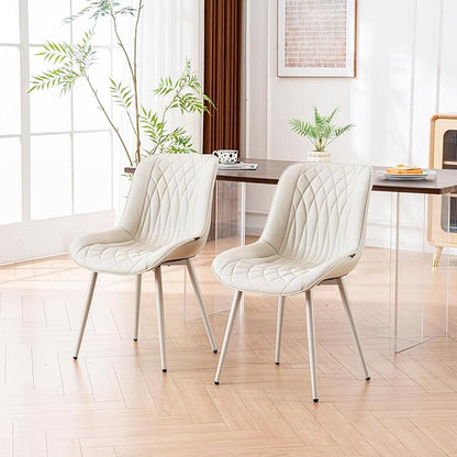 YOUNIKE Cream Faux Leather Dining Chairs Set of 2 Mid-Century Modern High Padded Back Comfy Upholstered Kitchen Chairs with Metal Legs Wide Seat Accent Side Chair for Dining/Living/Waiting Room