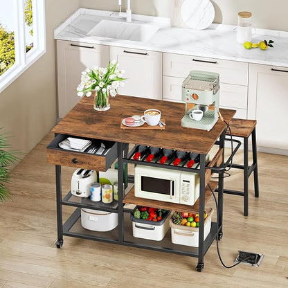 HOOBRO Kitchen Island with Power Outlet, Rolling Kitchen Cart with Drop Leaf, Island Table with Extendable Worktop and Adjustable Shelf, Kitchen Island Cart for Dining Room, Rustic Brown BF22UZD01