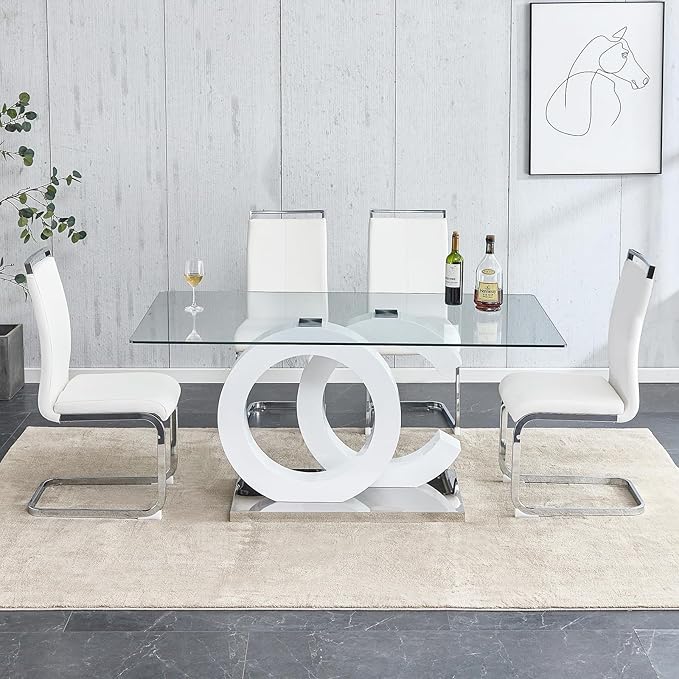 Ebullient 63" Glass Dining Table, Modern Rectangular Glass Kitchen Table, Tempered Glass Top with White OC Design Base Dining Room Table for 4-6，Kitchen