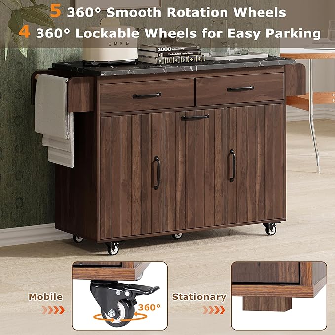 RUNNA Kitchen Island with Trash Can Storage Cabinet, Kitchen Cart with Drop Leaf, Spice Rack, Towel Rack and Drawer, Rolling Kitchen Island on Wheels with Adjustable Shelf (Walnut Brown~81)