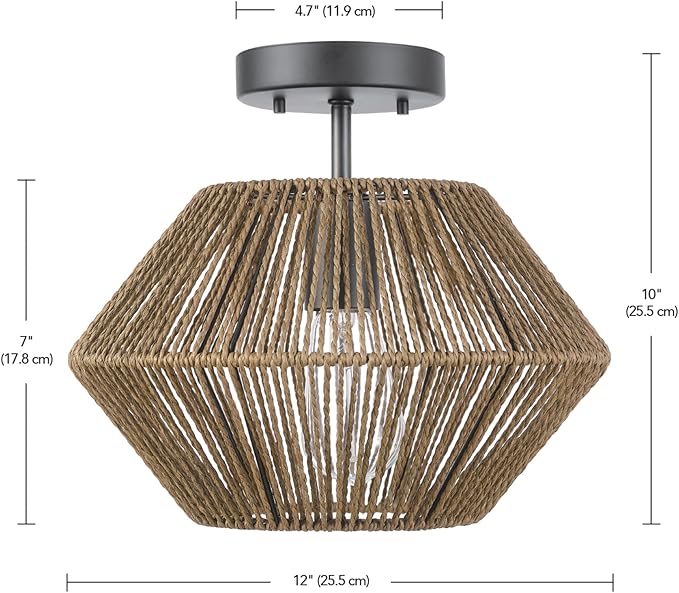 GLOBE Electric 65891 1-Light Flush Mount Ceiling Light, Matte Black, Natural Twine Shade