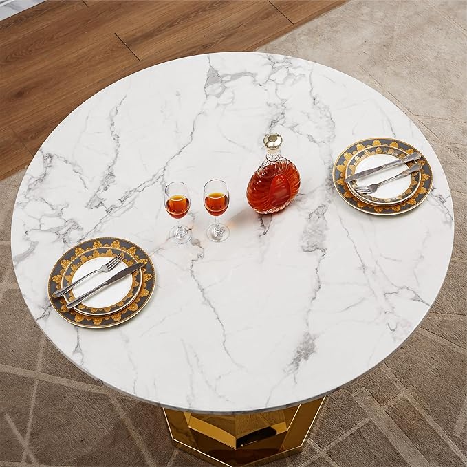 47" Round Marble Dining Table for 4-6, Luxury Modern Kitchen Table with Marble Grain MDF Tabletop & Gold Mirrored Stainless Steel Pedestal Base, Grey Stone Dinner Table for Dining Room (Table Only)