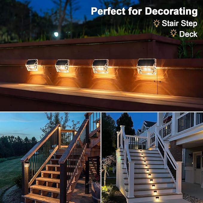 Qualdout Solar Outdoor Lights, 8 Pack Solar Fence Deck Lights, Waterproof Outside Lighting for Step Railing Wall Pool Stair Yard Garden Patio Pool Decorations (Warm White)