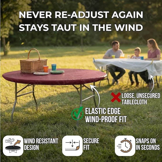 Kwik-Covers 10 Pack of Round Plastic Table Covers - 60" or 72" Round - Indoor or Outdoor Fitted Covers (Tables NOT Included) (Maroon, 72" Round)