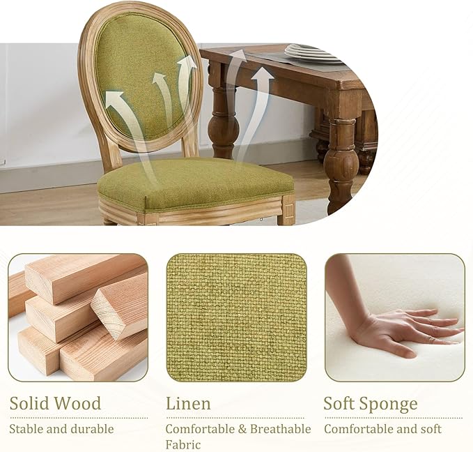 Linen Wooden Dining Chair Set of 6, Upholstered Farmhouse Dining Chair with Solid Wood Frame, Kitchen & Dining Room Chairs for Living Room, Restaurant, Bedroom (Green-Padded, Set of 6)