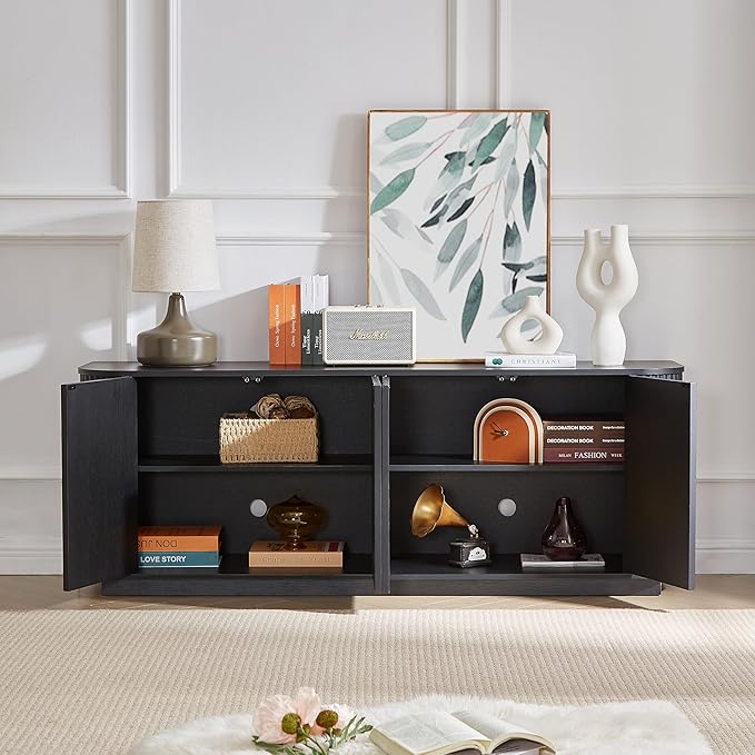 Ball & Cast 64" Buffet Cabinet with Storage Accent Sideboard Modern Credenza with Doors & Adjustable Shelves,Fluted Media Console TV Stand for Living Room,Black