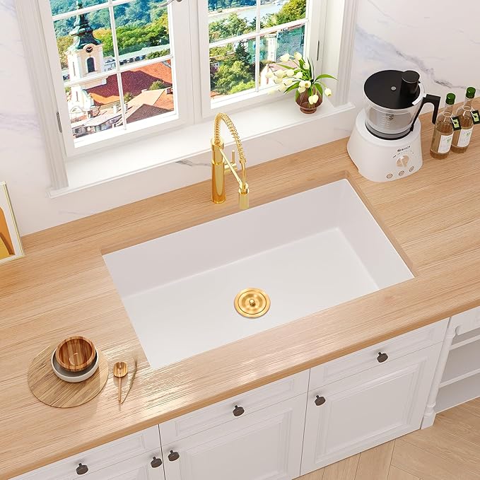Rhbamoa 30 Inch White Undermount Kitchen Sink,White Granite Composite Kitchen Sink 30''x18'',9 Inch Depth Quartz Sinks with Accessories