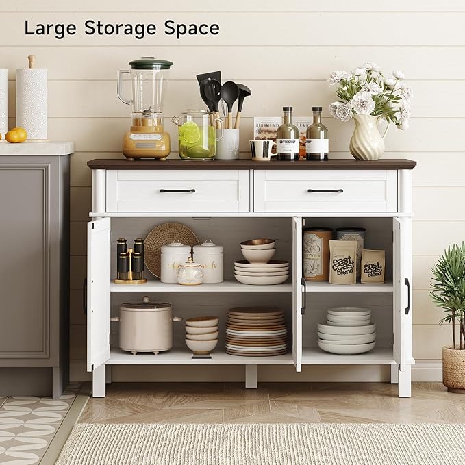 48 Inches Buffet Cabinet with Storage, Farmhouse Sideboard Buffet w/2 Drawers and 3 Doors, Wood Coffee Bar Cabinet with Adjustable Shelves, Sideboard Storage for Kitchen, Living Room, Off White