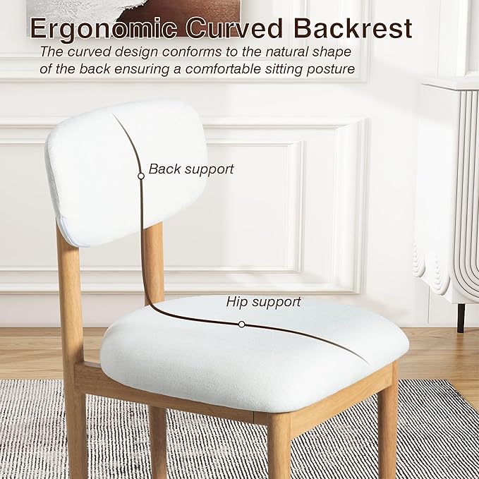 Casaphoria Upholstered Dining Chairs Set of 2, Mid-Century Modern Kitchen Chairs with Solid Wood Legs & Thick Cushion, Ergonomic Fabric Accent Chairs for Dining Room, Vanity & Office, White