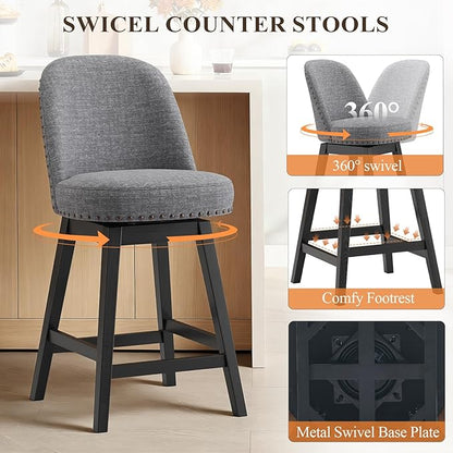 MALOL Swivel Bar Stools Set of 3, Upholstered Fabric Mid Century Mondern Barstools, 26 inch Counter Height Bar Chairs with Solid Back and Wood Legs, for Kitchen Island，Dark Grey