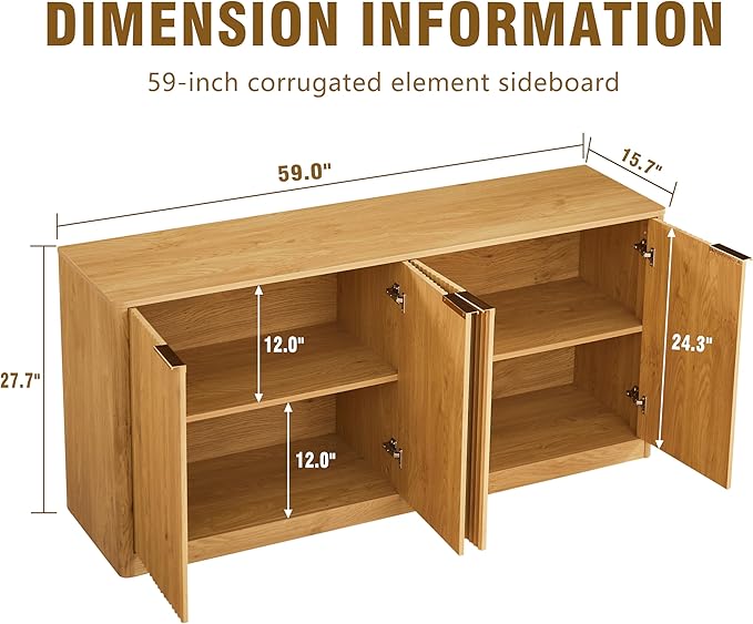 Ball & Cast 59" Modern Fluted Sideboard Buffet Cabinet with Storage,Curved Design Kitchen Coffee Bar Cabinet with 4 Doors & Shelves,Wood Credenza Cabinets Media Console for Living Room,Natural