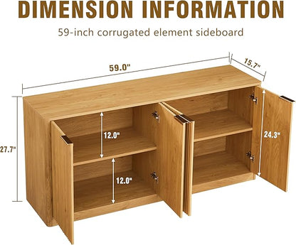 Ball & Cast 59" Fluted Buffet Cabinet Sideboard with Storage, Large Accent Cabinet with 6 Doors,Wood Mid Century Modern Sideboard for Living Room and Kitchen (59" W*27.7" H*15.7" D),Oak