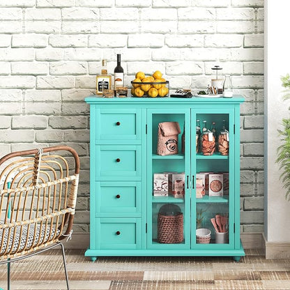 Giantex Buffet Sideboard with Storage - Kitchen Pantry Cabinet with 2 Doors, 4 Drawers, Adjustable Shelf, Freestanding Cupboard Credenza for Kitchen Living Room (Green)