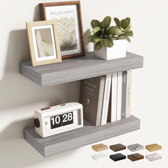 Acovy 16 Inch Floating Shelves for Wall 2 Pack, 16" Wall Shelves for Books, Storage, Decor, Wall Mounted Floating Shelf with Invisible Brackets for Kitchen, Living Room, Gray