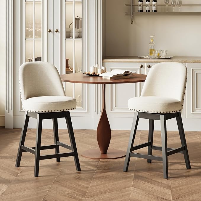 MALOL Swivel Bar Stools Set of 2, Upholstered Fabric Mid Century Mondern Barstools, 26 inch Counter Height Bar Chairs with Solid Back and Wood Legs, for Kitchen Island，Beige