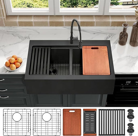 Black Farmhouse Kitchen Sink 36 x 22 Drop In, 50/50 Double Bowl Farm Sinks, 16 Gauge Stainless Steel Workstation Sink with Ledge & Accessories, 36" x 22" x 10" Large and Deep Double Sink