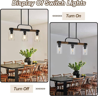 Farmhouse Dining Room Light Fixtures Over Table，Rustic Ceiling Pendant Lights Kitchen Island，3-Light Wood Kitchen Island Lighting Linear Chandelier with Clear Glass lampshade
