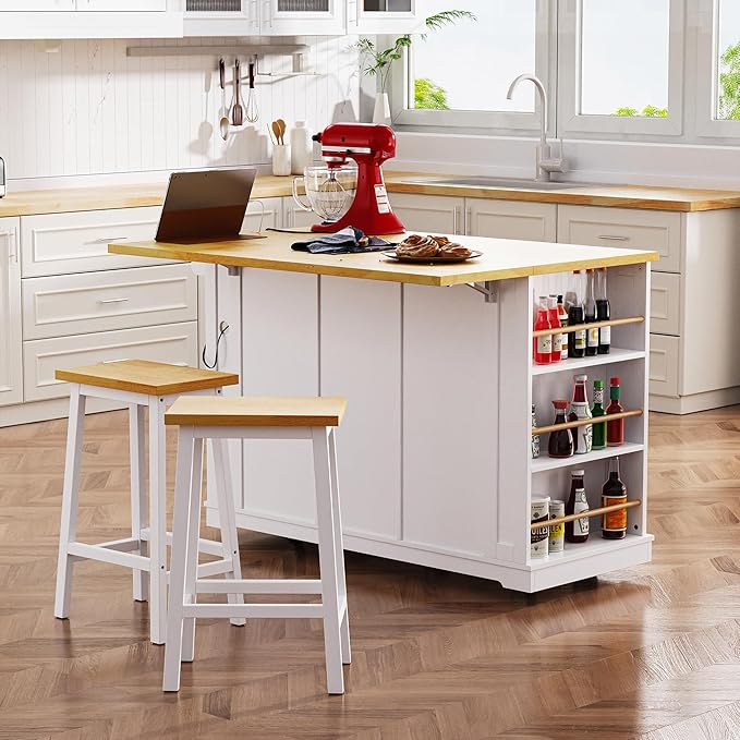 53'' Large Kitchen Island with 3 Drawers & Power Outlet & Door Internal Storage Rack & 5 Open Side Racks, Kitchen Storage Cart with 5 Wheels & Drop Leaf & 5 Open Side Racks, White