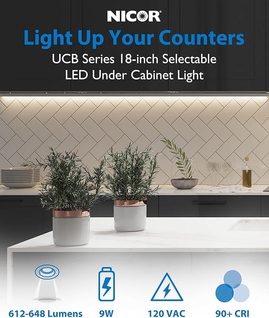 18” LED Direct Wire Under Cabinet Light - Dimmable Undercounter LED Lights for Kitchen - Selectable CCT 2700K-5000K, 612-648 Lumens, 9W - UCB Series Hardwired Under Cabinet Lighting by NICOR Lighting