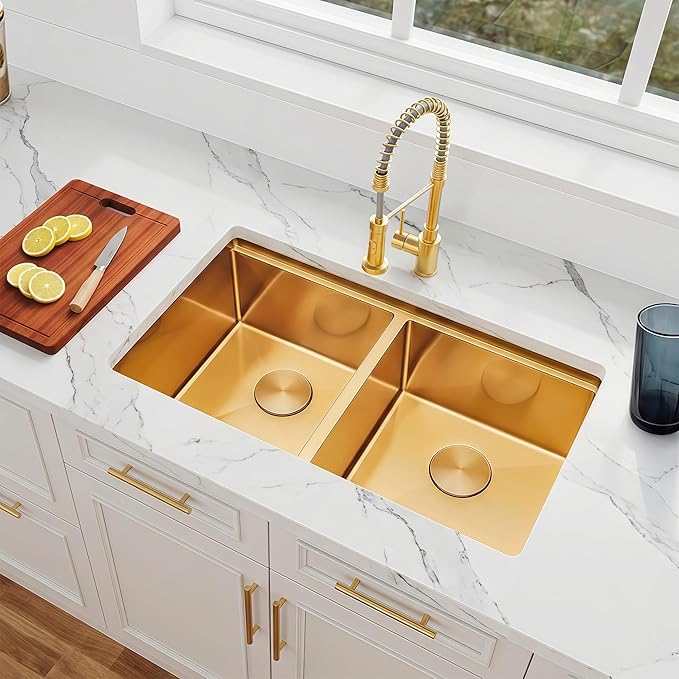 30 Inch Gold Sink Undermount Double Bowl, 16 Gauge 50/50 Double Bowl Stainless Steel Workstation Sink, 30"x18"x10" Large and Deep Kitchen Sink With Accessories
