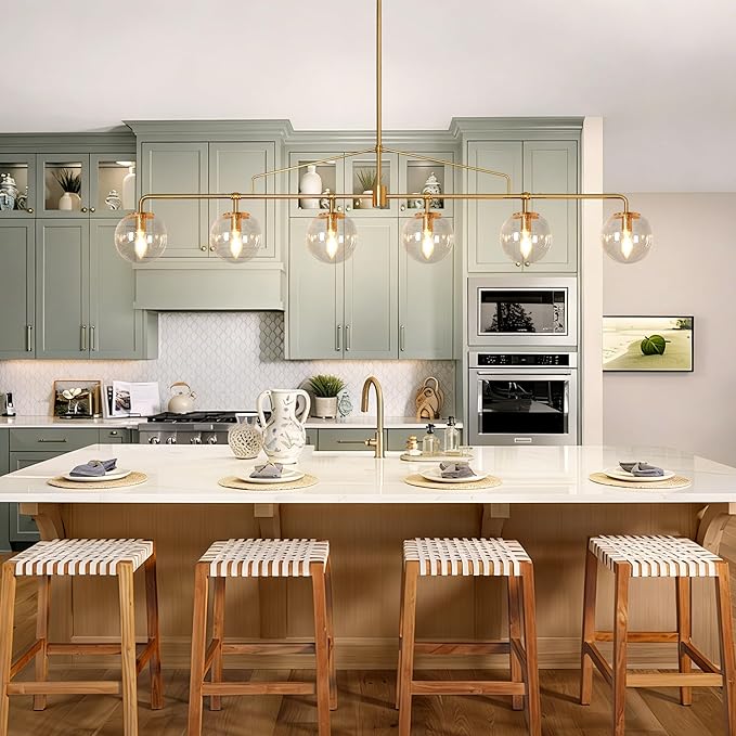Gold Linear Chandelier 6 Lights Mid Century Modern Dining Room Chandelier Kitchen Island Pendant Light with Seeded Glass Shades for Island, Farmhouse, Dining Area, Dia 51.58 Inch
