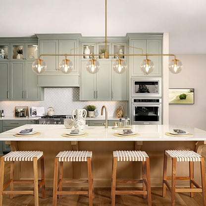 Gold Linear Chandelier 6 Lights Mid Century Modern Dining Room Chandelier Kitchen Island Pendant Light with Seeded Glass Shades for Island, Farmhouse, Dining Area, Dia 51.58 Inch